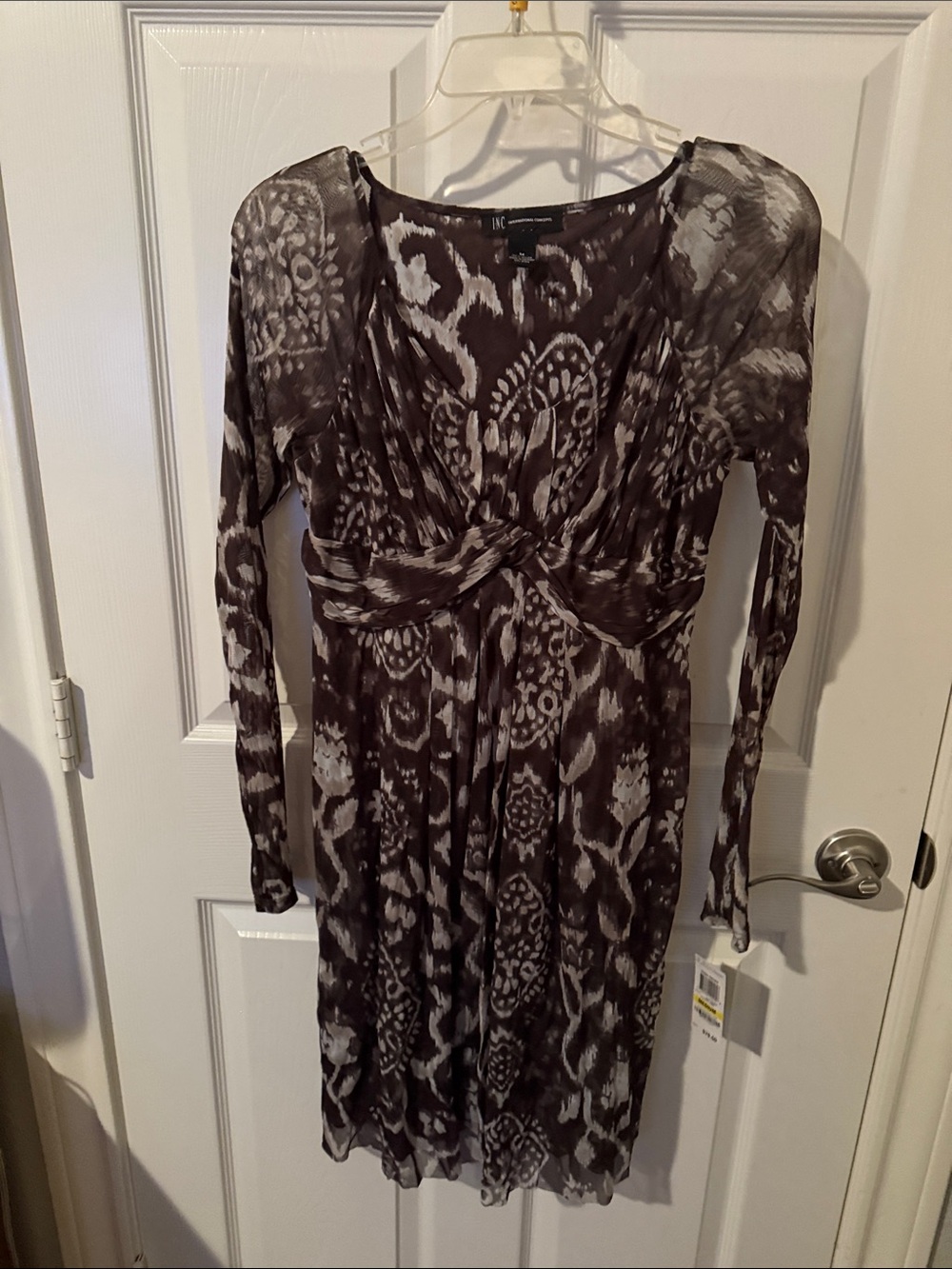 Women's Long-Sleeve Twist-Front Printed Dress in Brown & Cream